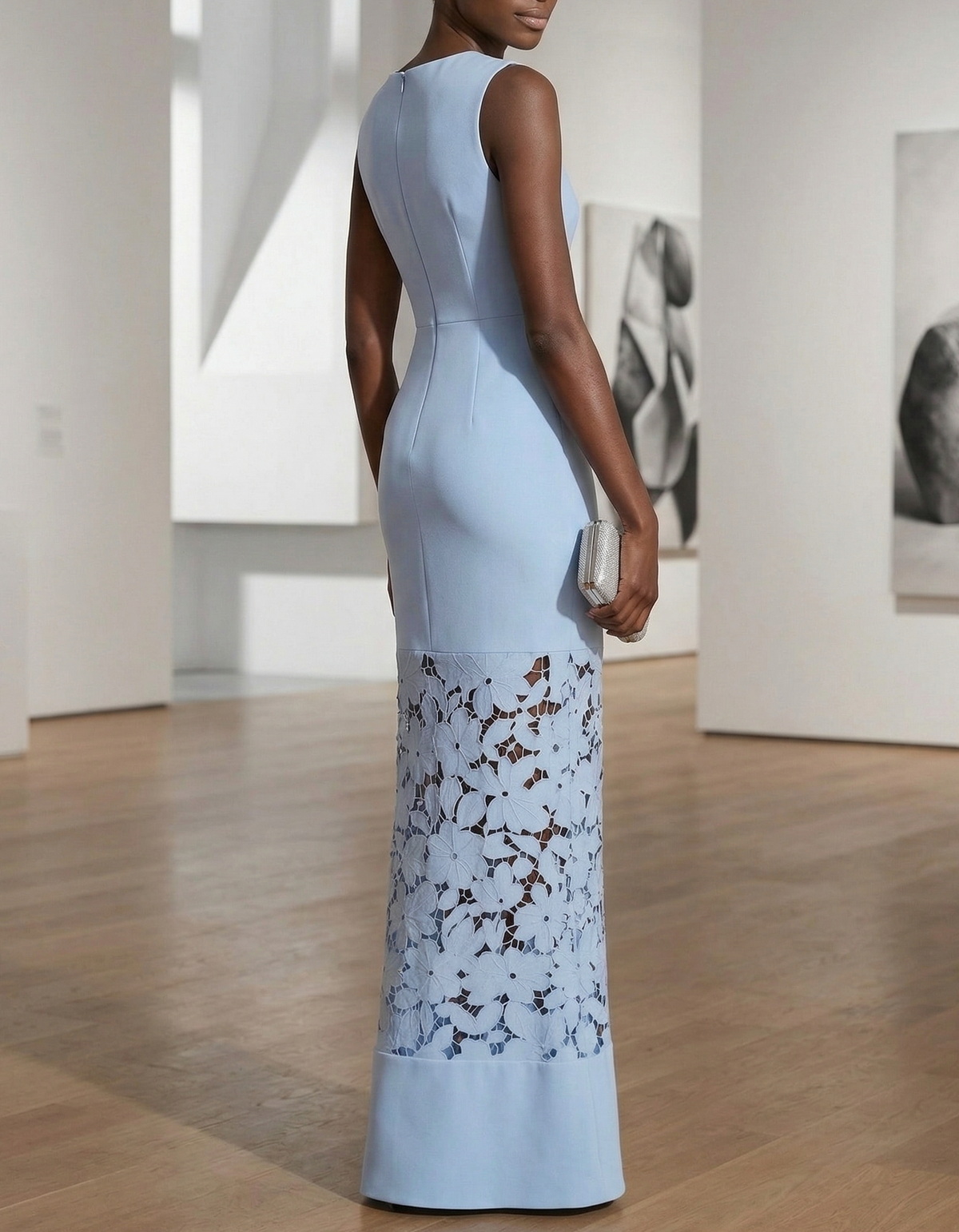 Blue Satin-Trimmed Lace Fishtail Maxi Dress
