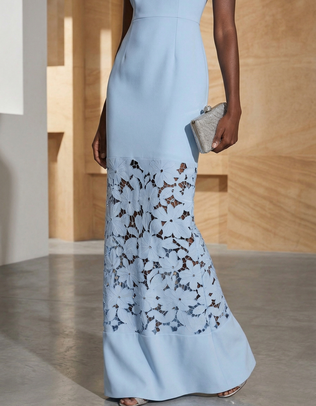 Blue Satin-Trimmed Lace Fishtail Maxi Dress