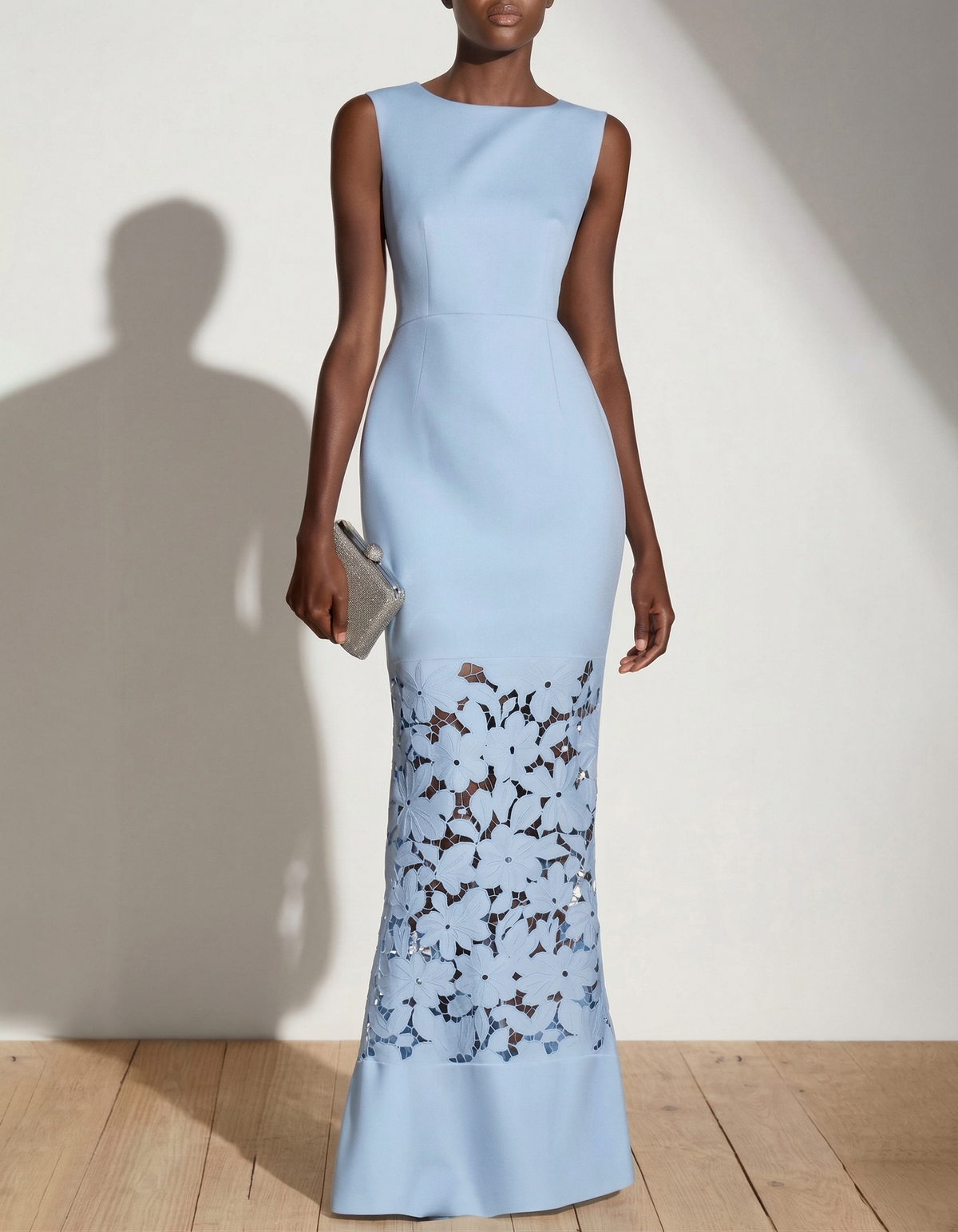 Blue Satin-Trimmed Lace Fishtail Maxi Dress