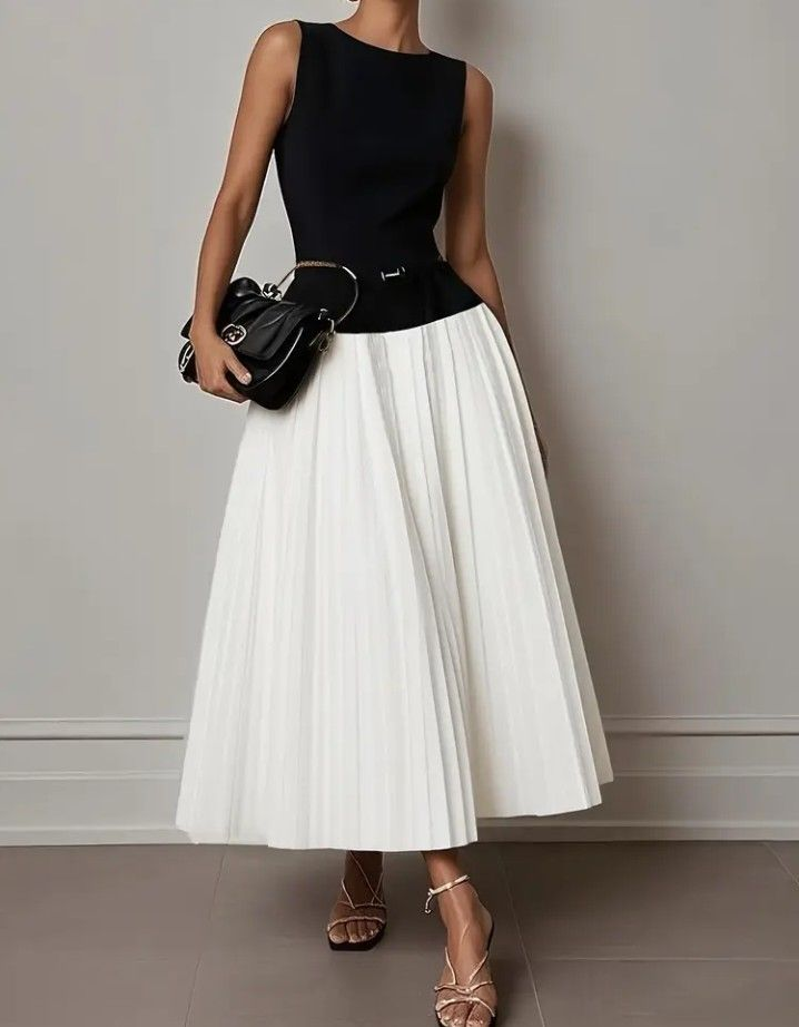 Chiffon Black Round Neck Fitted Waist Mesh Puffy Midi Dress