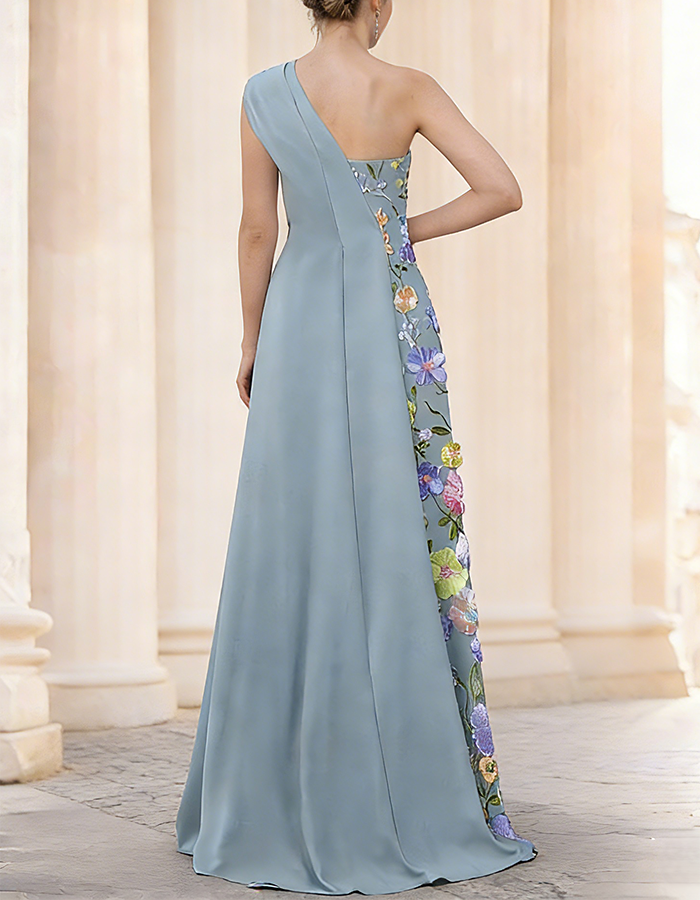 Dusty Blue 3D Floral Embroidered Asymmetrical Maxi Dress