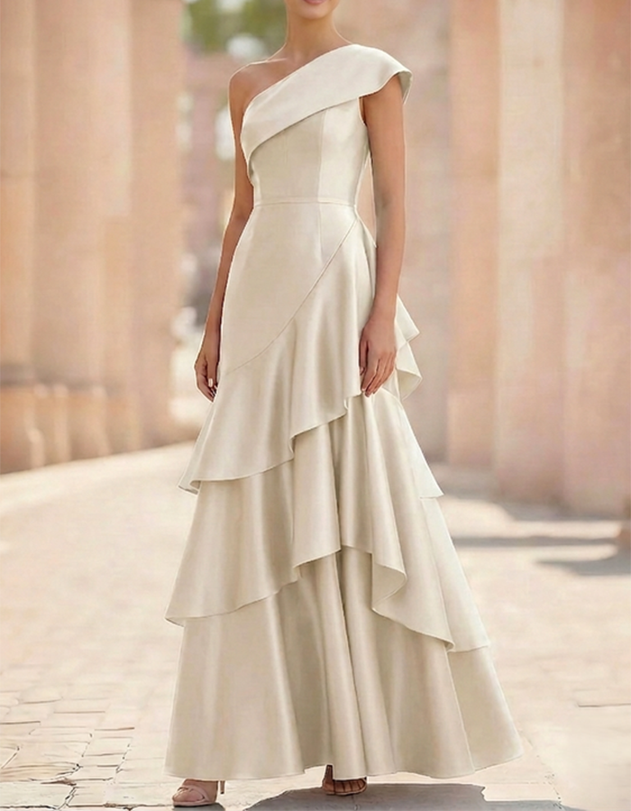 Red Satin One-Shoulder Ruffled Maxi Dress