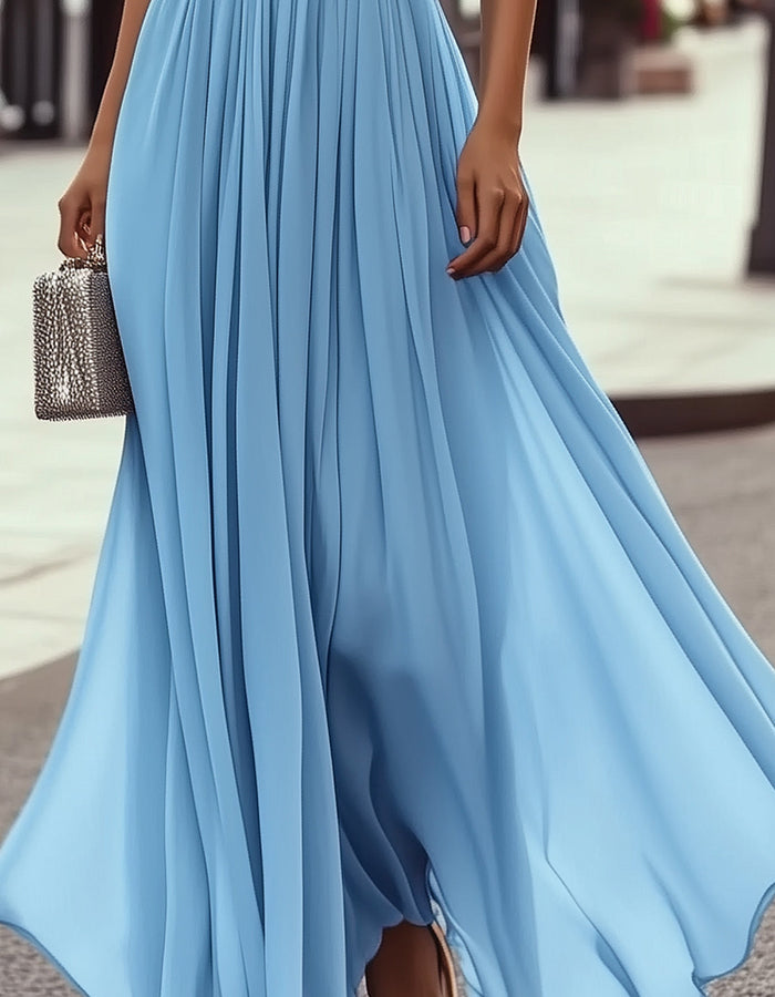 Sky Blue Chiffon Ruffle Sleeve Maxi Dress