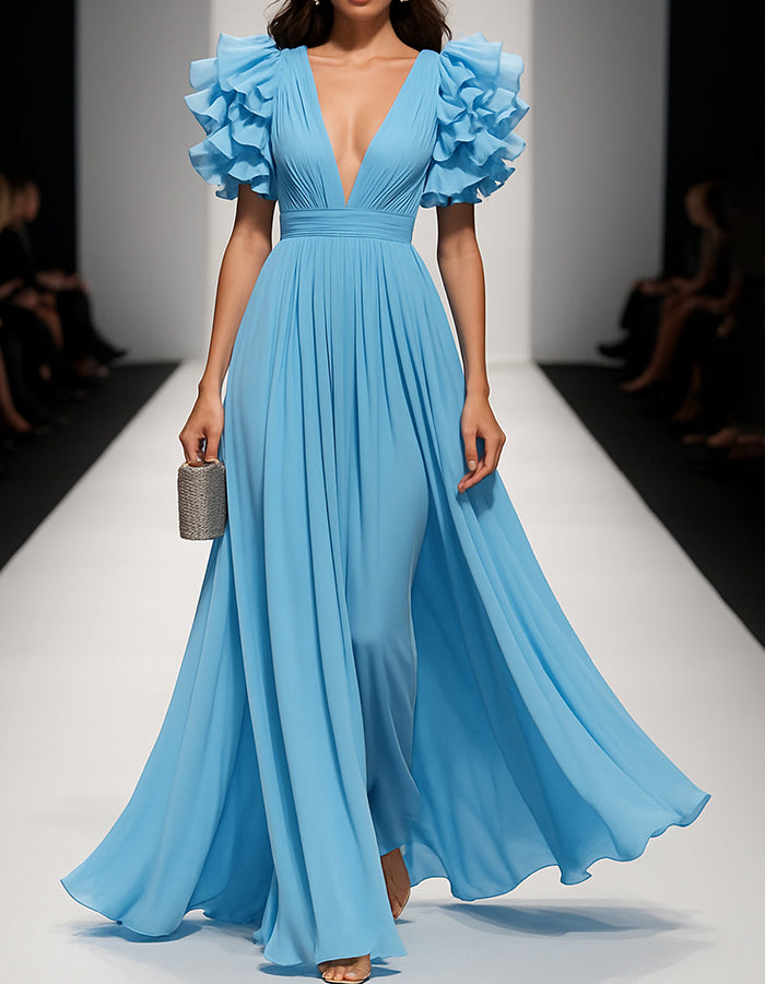 Sky Blue Chiffon Ruffle Sleeve Maxi Dress