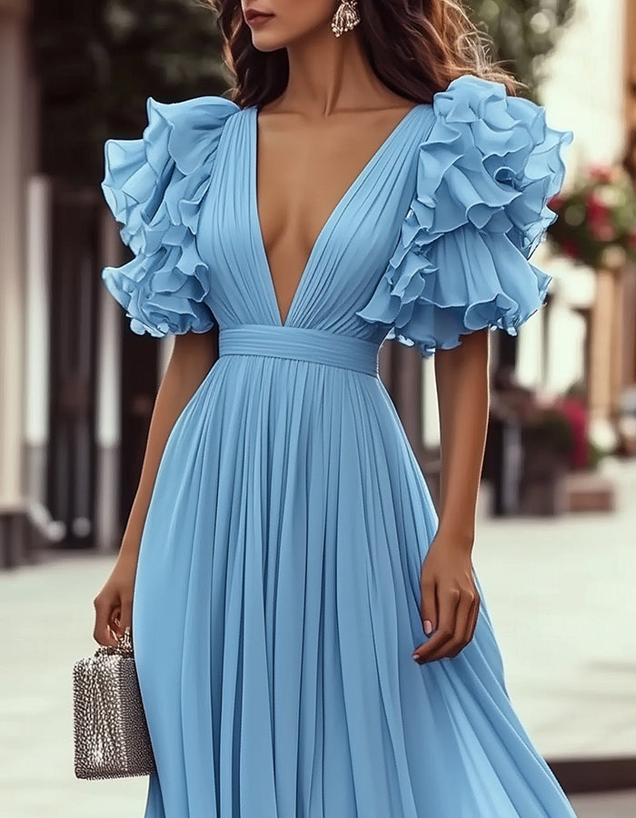 Sky Blue Chiffon Ruffle Sleeve Maxi Dress