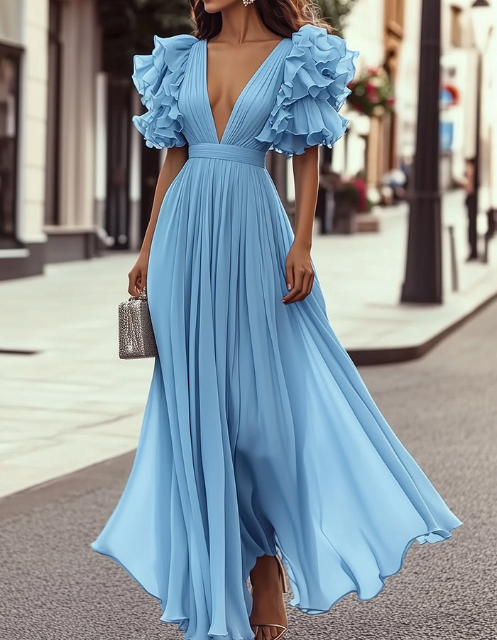 Sky Blue Chiffon Ruffle Sleeve Maxi Dress