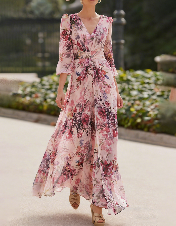 Pink Watercolor Floral Chiffon Maxi Dress