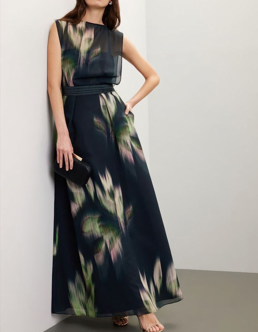 Black Chiffon Printed Sleeveless Fitted Waist Maxi Dress