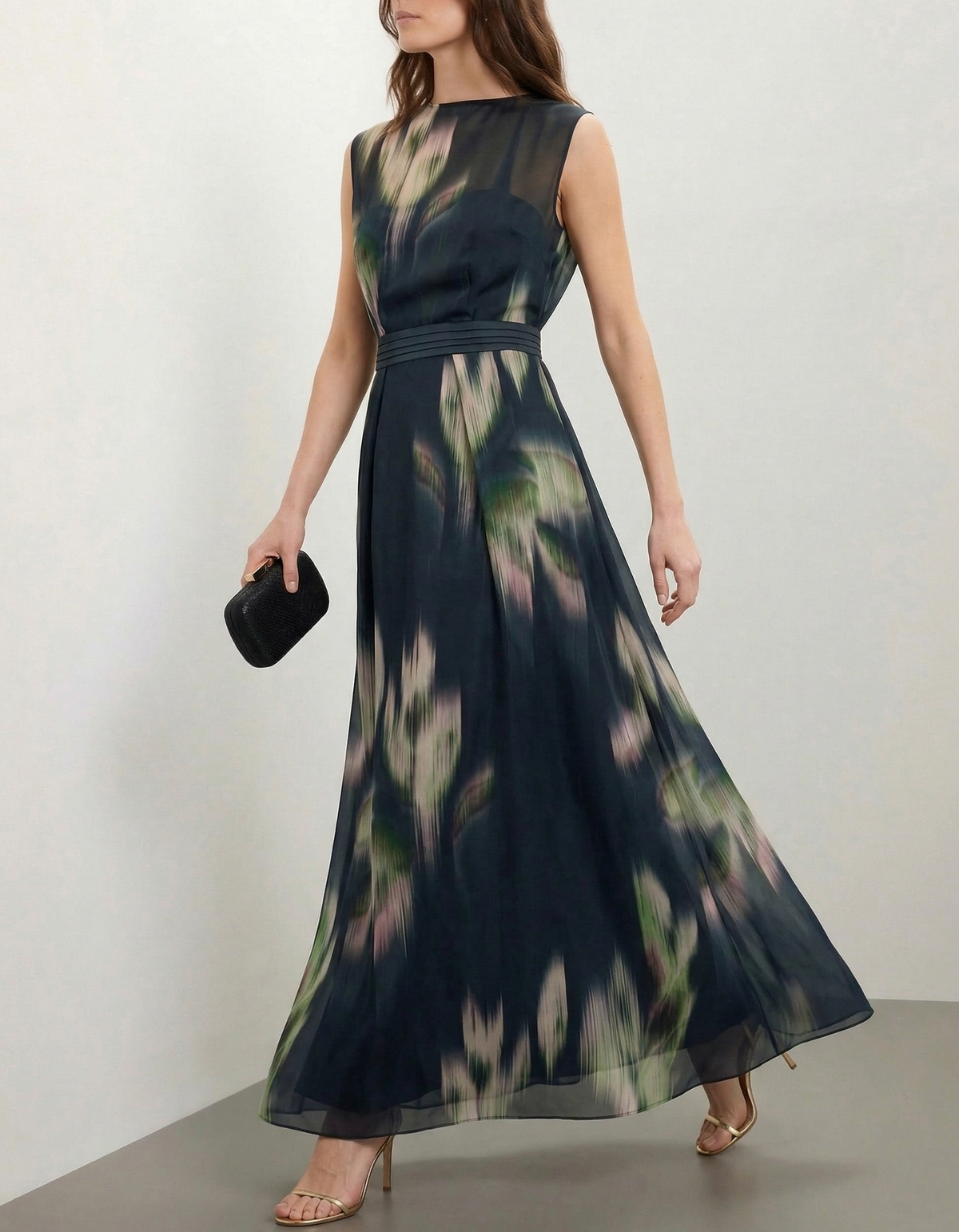 Black Chiffon Printed Sleeveless Fitted Waist Maxi Dress