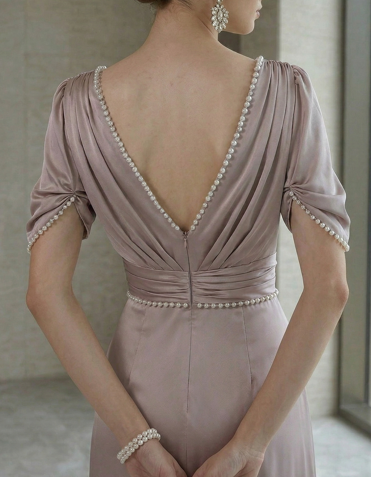 Light Purple Pearl-Embellished Satin Waist Slit Maxi Dress