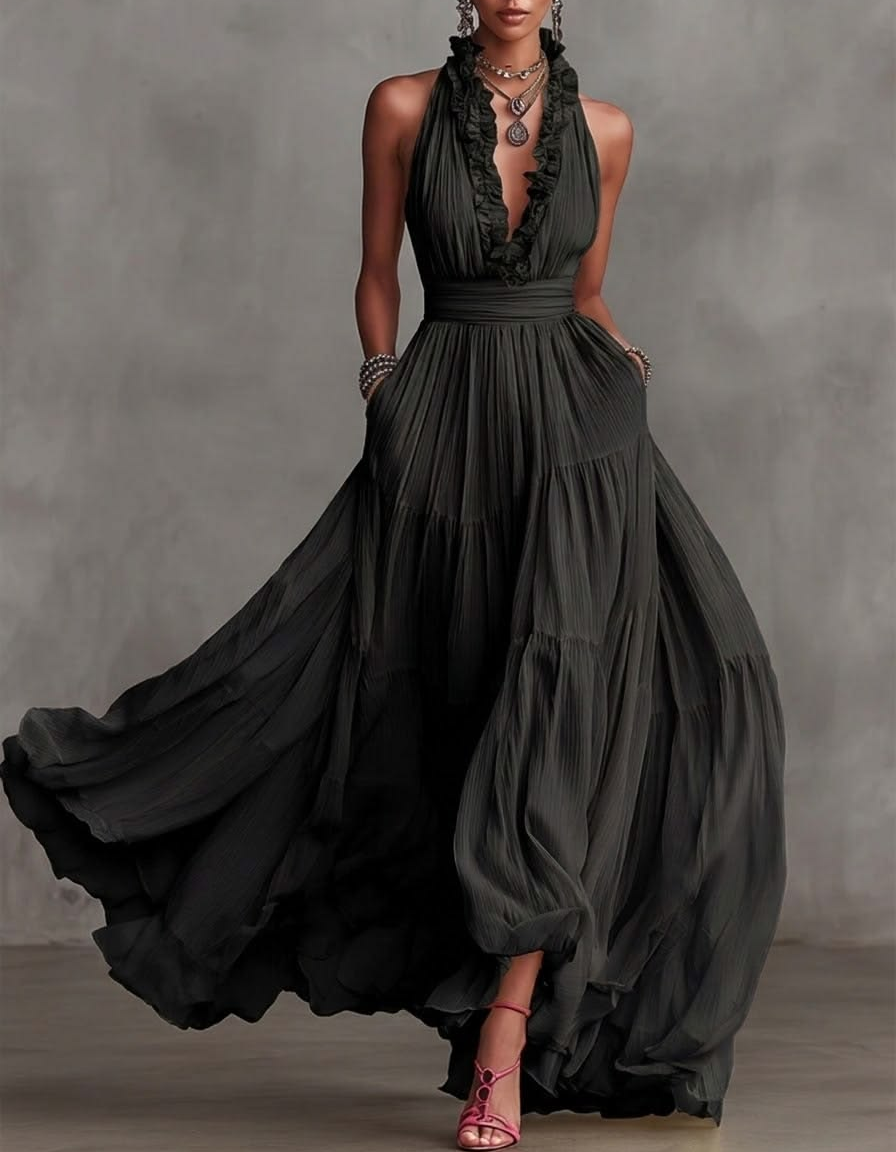 Chiffon V-neck Halter Neck Ruffled Trim Cinched Waist Maxi Dress