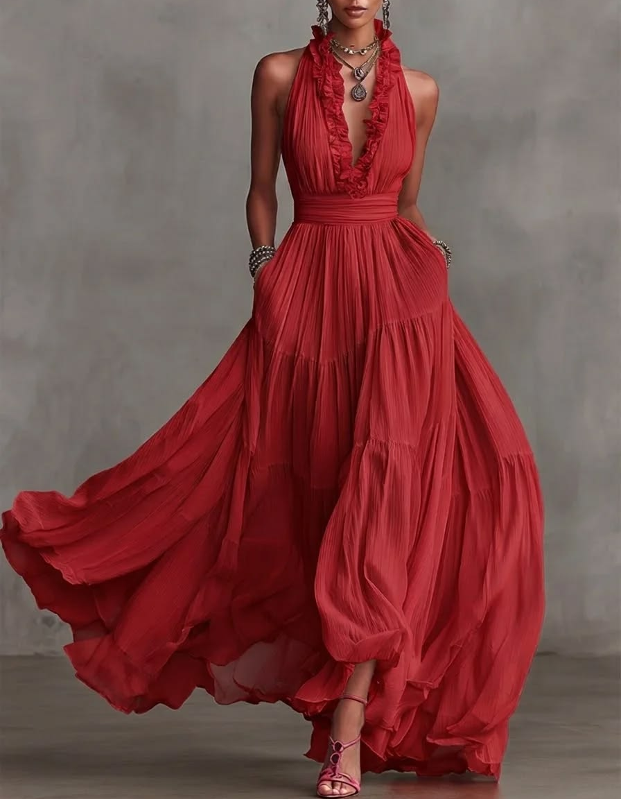 Chiffon V-neck Halter Neck Ruffled Trim Cinched Waist Maxi Dress