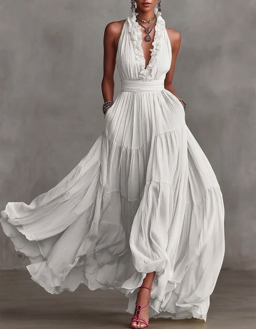 Chiffon V-neck Halter Neck Ruffled Trim Cinched Waist Maxi Dress