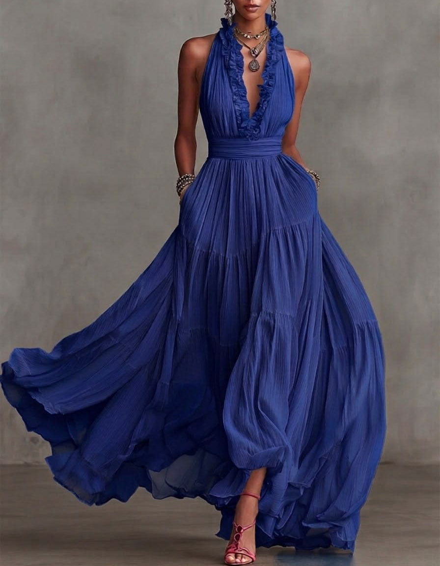 Chiffon V-neck Halter Neck Ruffled Trim Cinched Waist Maxi Dress