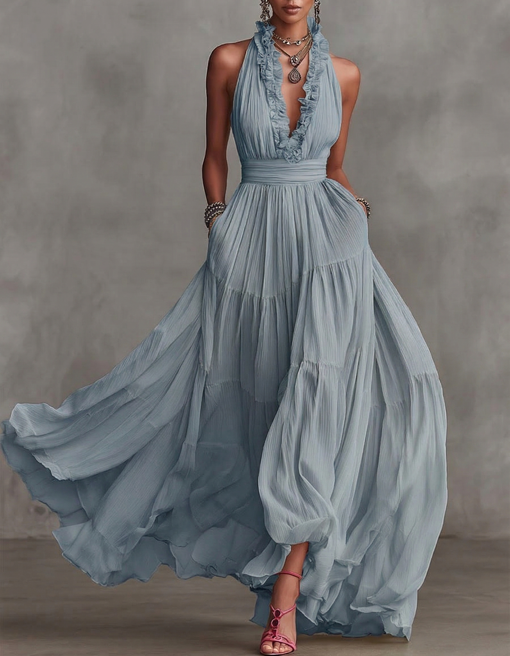 Chiffon V-neck Halter Neck Ruffled Trim Cinched Waist Maxi Dress