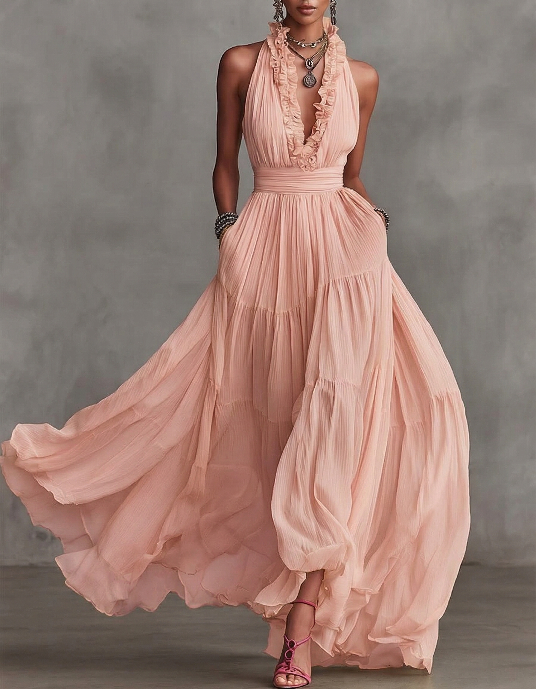 Chiffon V-neck Halter Neck Ruffled Trim Cinched Waist Maxi Dress