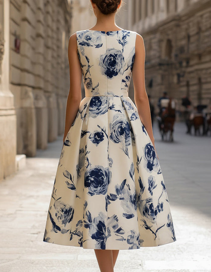 Cream & Navy Blue Ink Rose Printed Midi Dress
