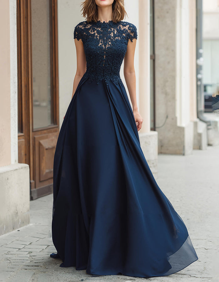 Navy Blue Lace Bodice Chiffon Maxi Dress