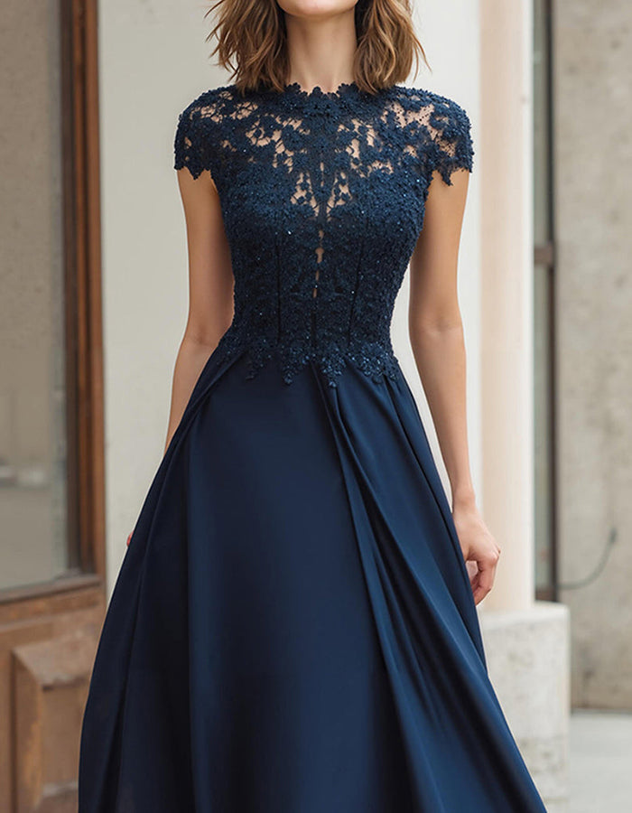 Navy Blue Lace Bodice Chiffon Maxi Dress