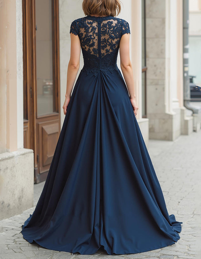 Navy Blue Lace Bodice Chiffon Maxi Dress
