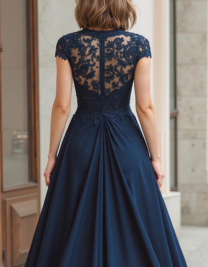 Navy Blue Lace Bodice Chiffon Maxi Dress