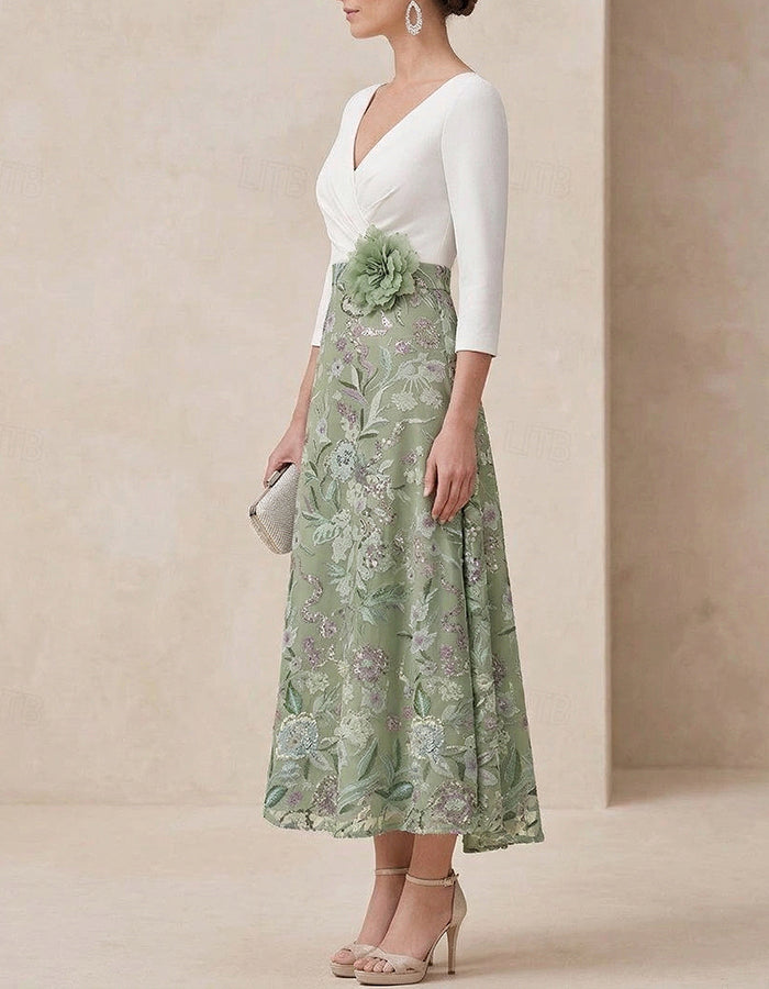 White & Sage Green Floral Embroidered Midi Dress