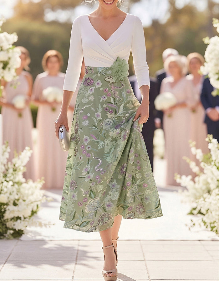 White & Sage Green Floral Embroidered Midi Dress