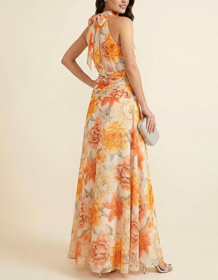 Pleated Halter-Neck Chiffon Maxi Dress
