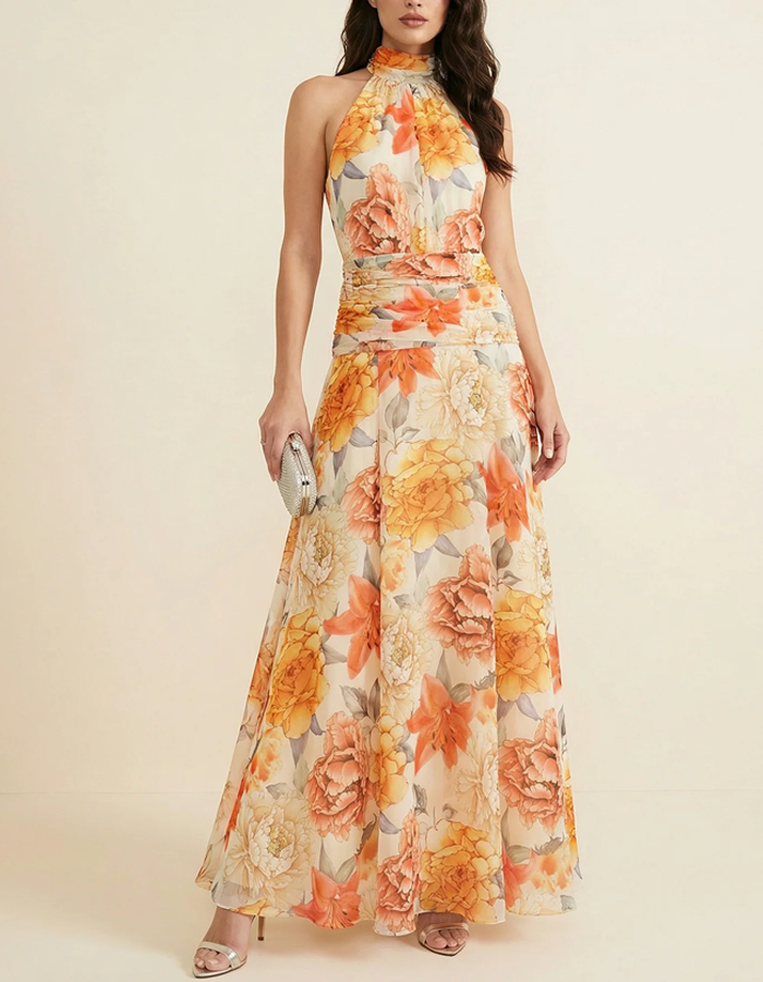 Pleated Halter-Neck Chiffon Maxi Dress