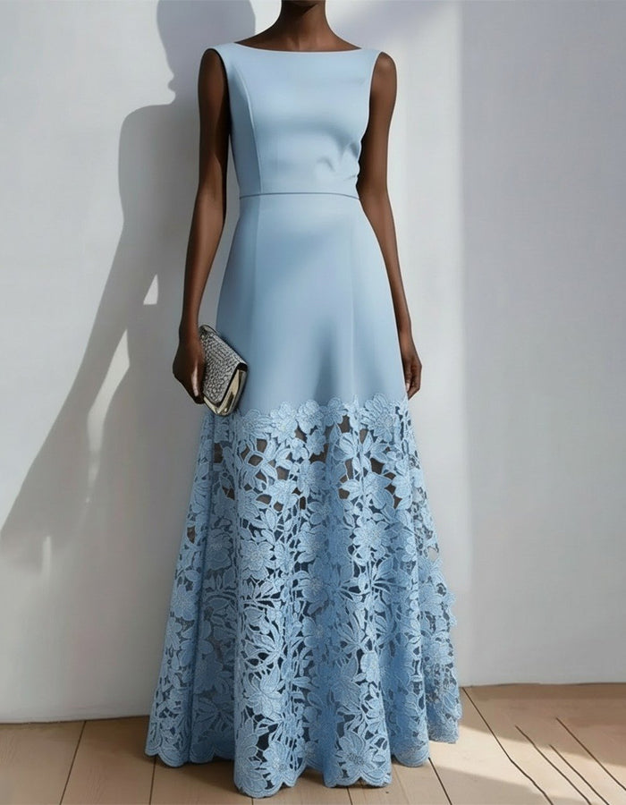 Blue Sleeveless Lace Trimmed Fishtail Maxi Dress