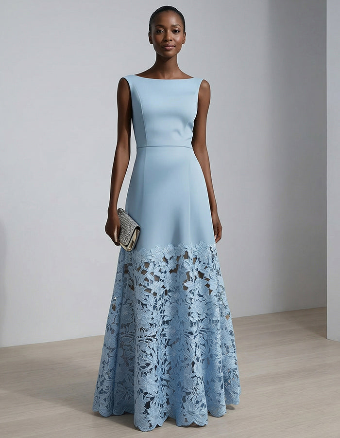 Blue Sleeveless Lace Trimmed Fishtail Maxi Dress