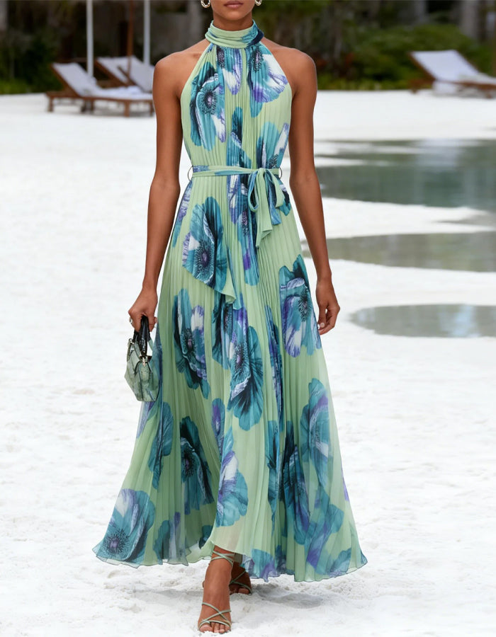 Green Halter Neck Pleated Floral Chiffon Maxi Dress