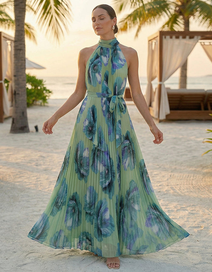 Vestido maxi de chifón plisado con cuello halter floral verde