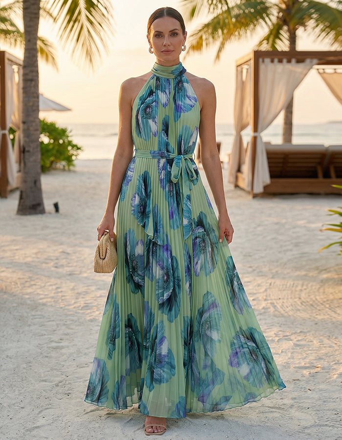 Green Halter Neck Pleated Floral Chiffon Maxi Dress