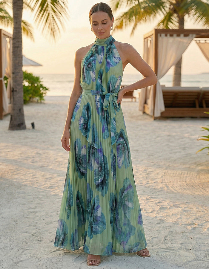 Green Halter Neck Pleated Floral Chiffon Maxi Dress