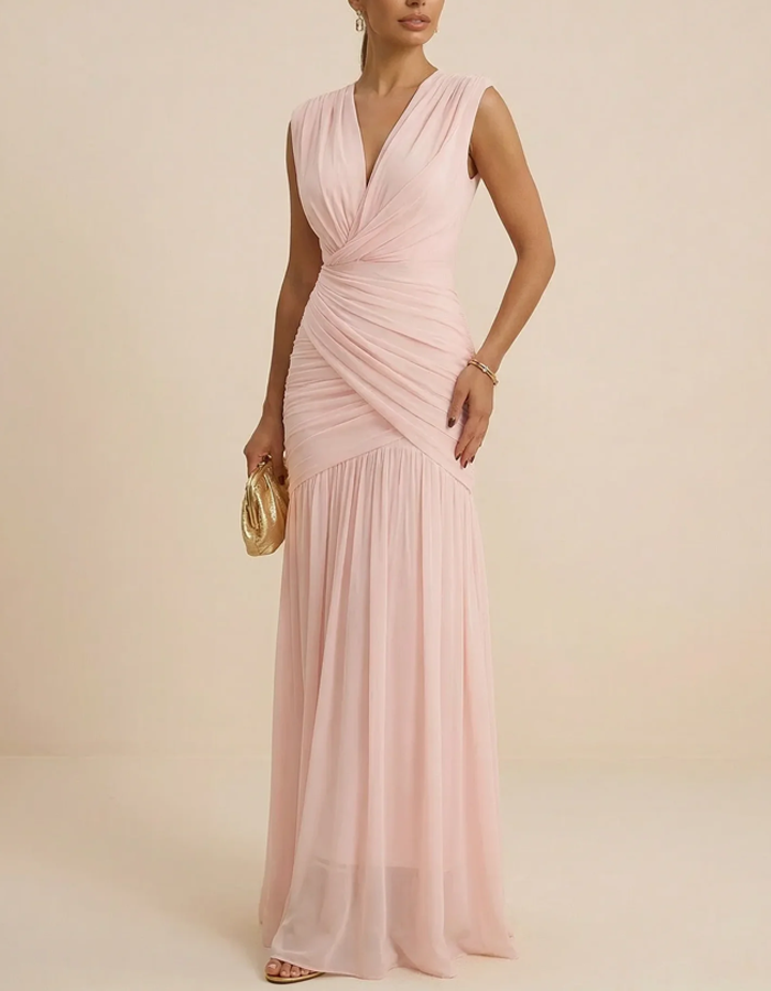 Sleeveless Deep V-Neck Pleated Chiffon Maxi Dress