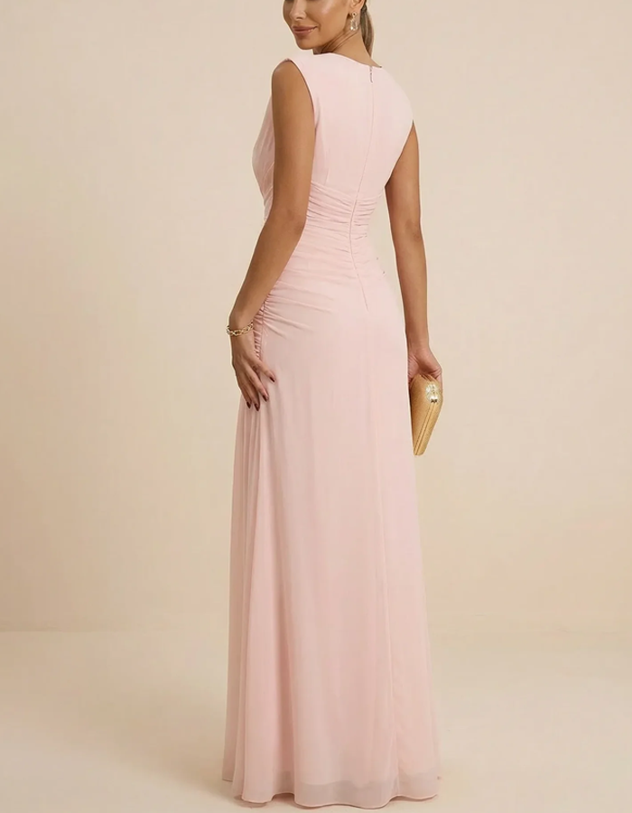 Sleeveless Deep V-Neck Pleated Chiffon Maxi Dress