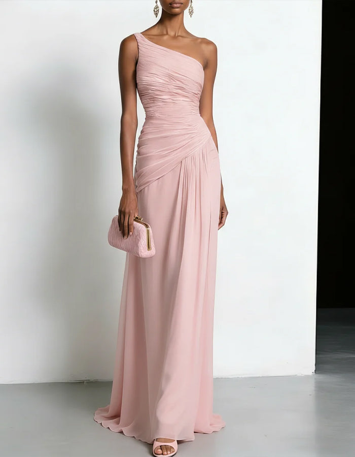 Pink One Shoulder Pleated Chiffon Maxi Dress