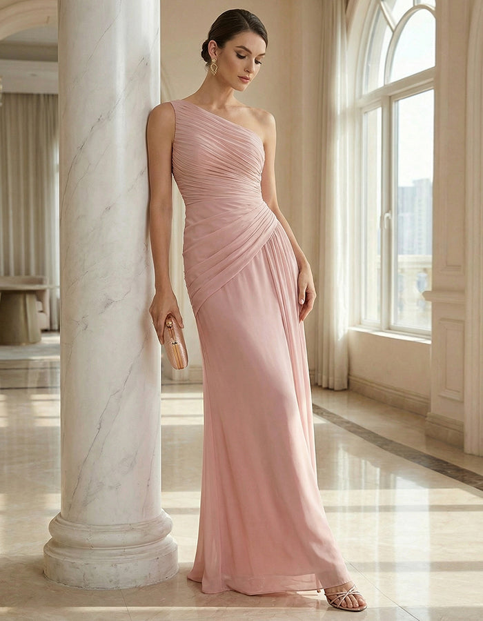 Pink One Shoulder Pleated Chiffon Maxi Dress