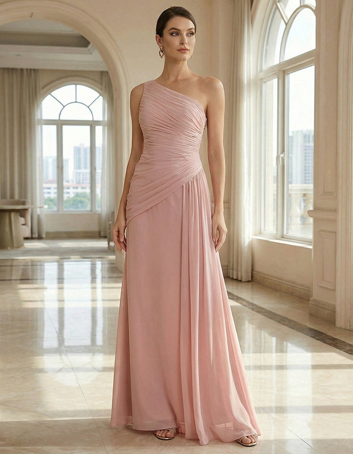 Pink One Shoulder Pleated Chiffon Maxi Dress
