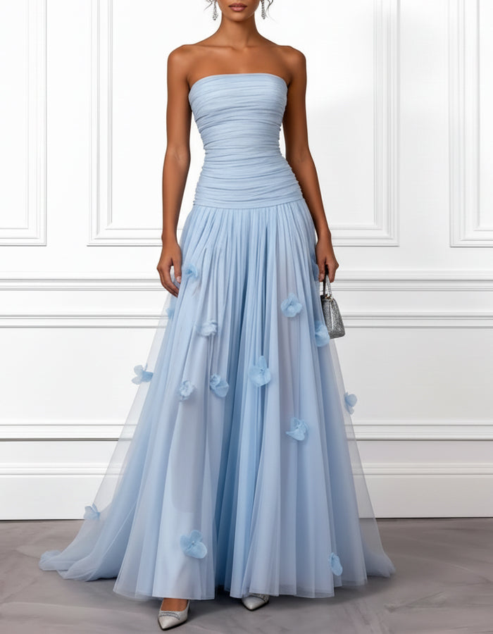 Solid Color Strapless 3D Floral Tulle Maxi Dress