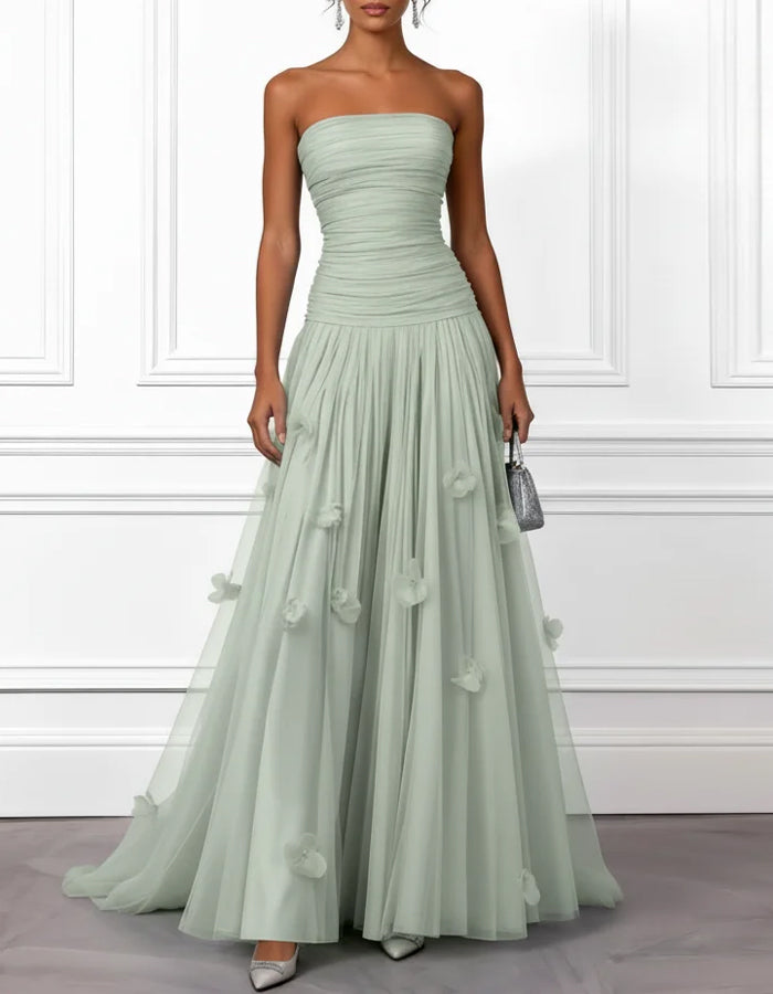 Solid Color Strapless 3D Floral Tulle Maxi Dress