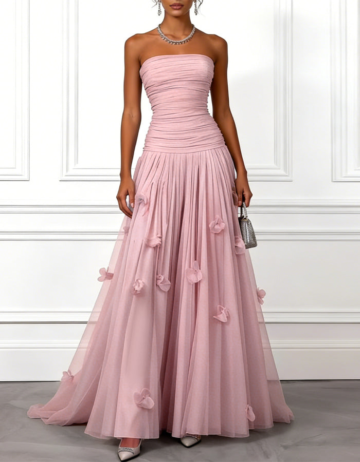 Solid Color Strapless 3D Floral Tulle Maxi Dress
