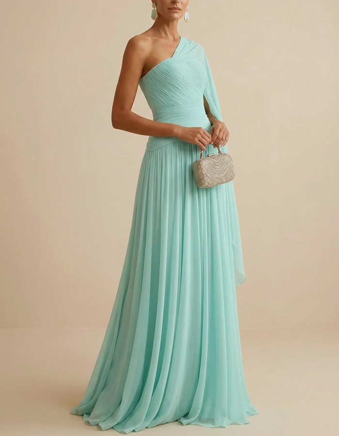 Mint Green One-Shoulder Pleated Chiffon Maxi Dress