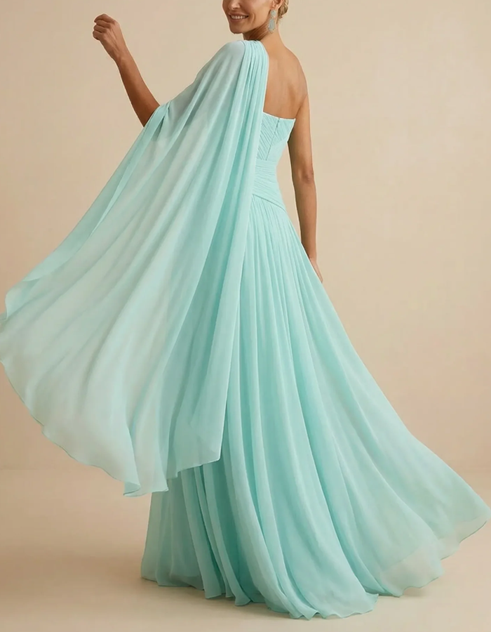 Mint Green One-Shoulder Pleated Chiffon Maxi Dress