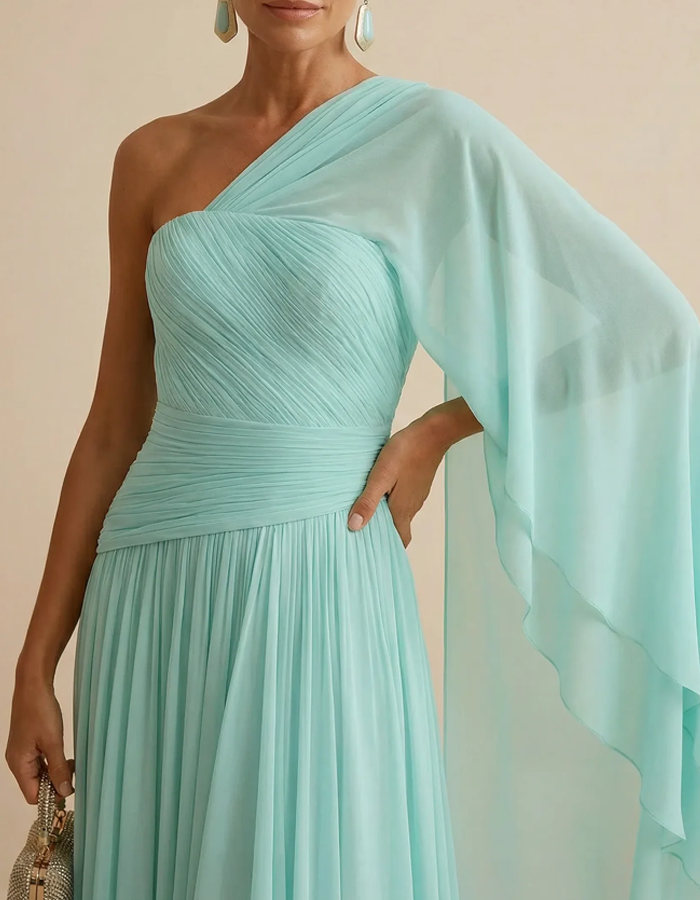 Mint Green One-Shoulder Pleated Chiffon Maxi Dress
