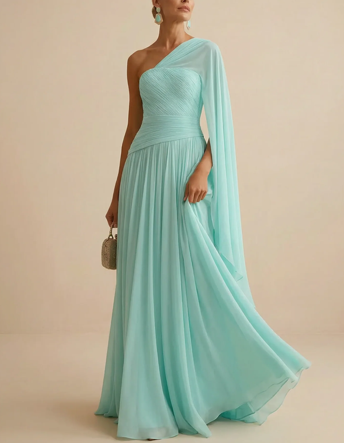 Mint Green One-Shoulder Pleated Chiffon Maxi Dress