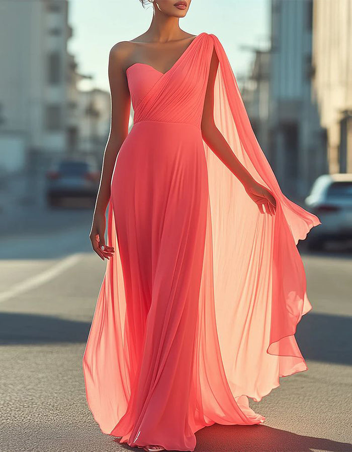 Orange Red One Shoulder Chiffon Ribbon Maxi Dress