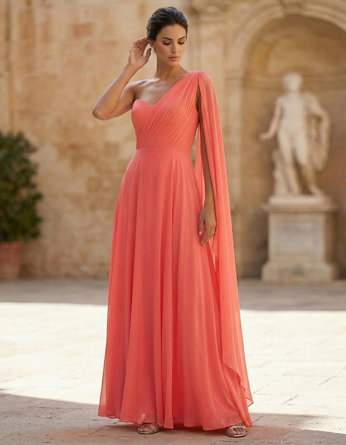 Orange Red One Shoulder Chiffon Ribbon Maxi Dress