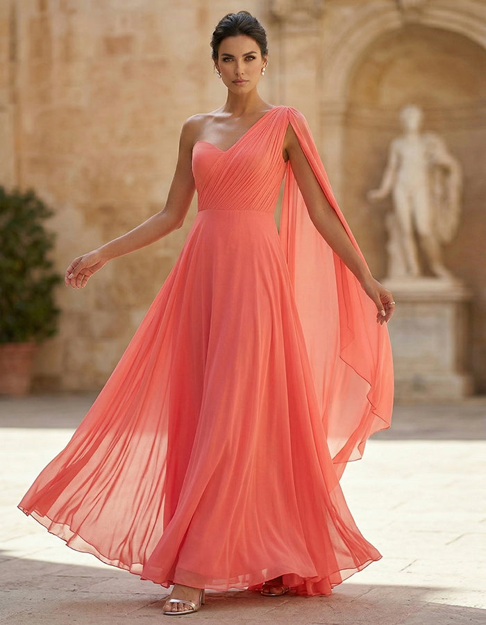 Orange Red One Shoulder Chiffon Ribbon Maxi Dress